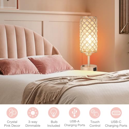 Image of Hong-in Touch Table Lamps for Bedrooms Set of 2-3 Way Dimmable Champagne Gold Crystal Lamps with Crystal Shade, Bedside Nightstand Lamp for Living Room Bedroom Home Office