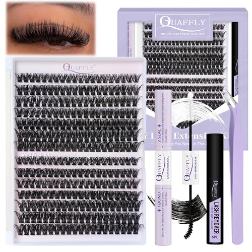 QUAFFLY DIY Lash Extension Kit 100D+150D Volume Lash Clusters with Spikes Lash Extension Kit Bottom Lashes Wispy Cluster Eyelash Extensions Kit with Lash Bond and Seal Tweezer Brush Easy To Apply