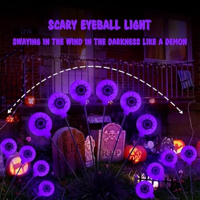 Halloween Solar Lights Outdoor Waterproof Solar Scary Eyeball Lights, 2 Pack Green Eyeball Swaying Firefly Lights, Solar Halloween Path Lights for Yard Garden Lawn Party Decor, Purple