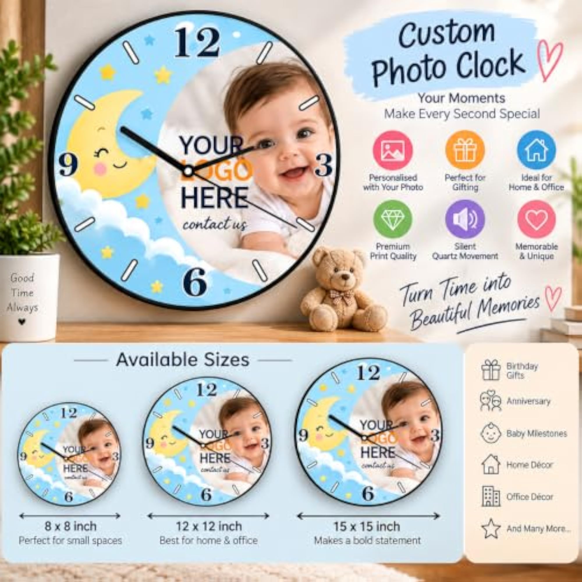 Picture Clock with Multiple Patterns, Elegant Wall Decor