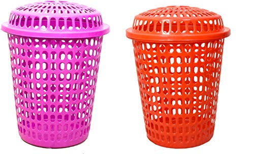 Image of Plastic Durable Unbreakable 50 L 2 Royal Laundry Basket with Lid, Cap (Pink, Royal Red)