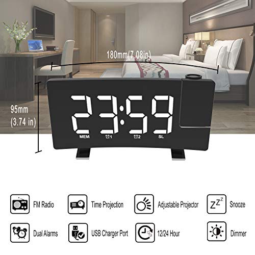 Mightree Projection Alarm Clock For Bedroom, Digital Alarm Clock With Usb Charger, Large Led Mirror Display Radio Alarm Clock, Dual Smart Alarm With Projection On Ceiling, Blue Digital, Black-White #TOP2