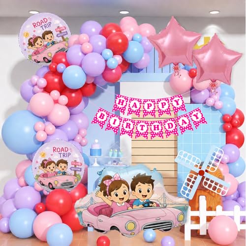 Image of Rozi Decoration Road Trip Theme Birthday Decoration Kit for Kids, Pink Car Party Decoration Set with Happy Birthday Banner, Foil & Latex Balloons for Girls Birthday Party Supplies, Pack of 48