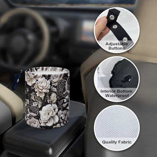 Image of Car Trash Can - Black and White Flowers Printing Garbage Bin Decoration for Car Interior, Front Seat, Back Seat, Floor, Headrest - SUV, Trucks