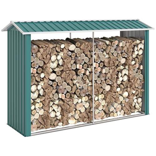 Outsunny Leñero Exterior de Acero Galvanizado Soporte para Leña Cobertizo de Almacenamiento de...