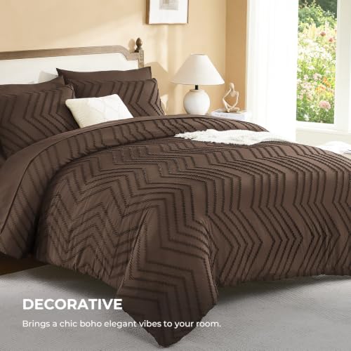Image of Litanika Super King Size Comforter Set with Sheets Brown - 7 Pieces Bed in a Bag Oversized King Boho Tufted Complete Bedding Sets with Comforter, Sheets, Pillowcases & Shams