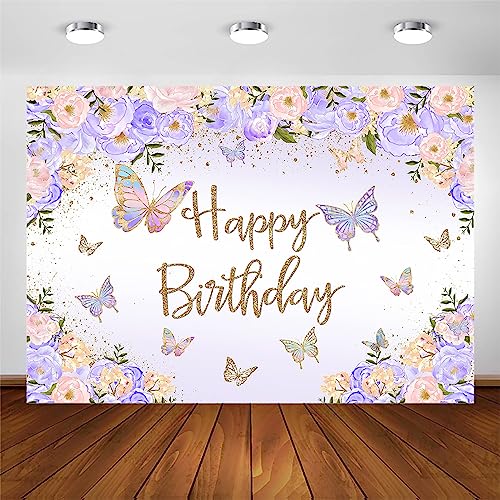 Avezano Purple Butterfly Birthday Backdrop for Girl's Purple Peach Floral Pastel Butterflies Birthday Background Pink Lilac Purple Gold Wishes and Butterfly Kisses Party Decorations Photoshoot (7x5ft)