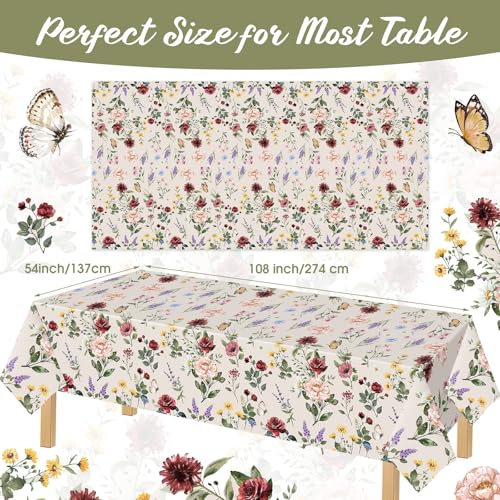 Image of Ganeen 3 Pcs Floral Tablecloth Disposable Plastic Wildflower Table Covers Rectangle Vintage Wildflower Tablecloths for Baby Shower Birthday Wedding Mothers Day Spring Tea Party Decor, 54 x 108 Inch