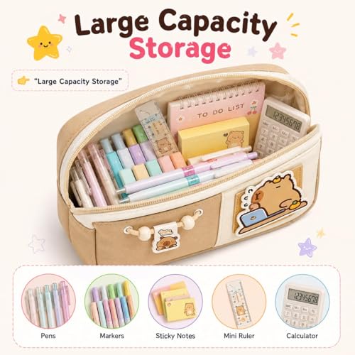 Image of Kawaii Cute Aesthetic Pencil Case 3 Layer 6 Compartment Large Capacity for Students | Pencil Pouch with Zipper | Cartoon Stationery Organizer Bag for Kids, Pencil Case for Girls & Boys (Brown)