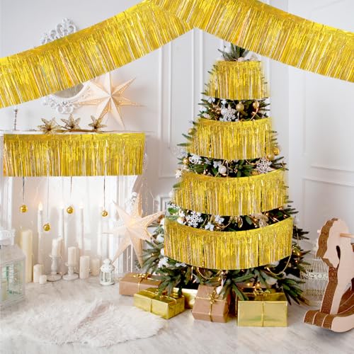 Image of 4 Packs 10 Feet Long Laser Gold Foil Fringe Garland Shiny Metallic Tinsel Table Skirts Wall Hanging Banner for Car Parade Birthday Parties Floats Wedding Baby Shower Bachelorette Garden Decorations
