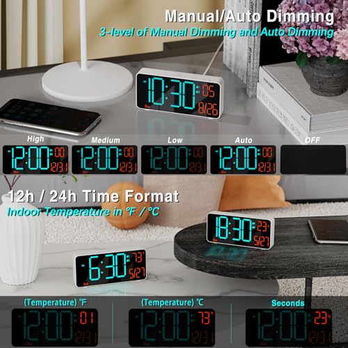 Image of KOSUMOSU Small Digital Clock for Bedroom, 6.7in Desk Clock, Auto Dimming, Room Temperature, Day of The Week, Date, Seconds, Alarm Clocks for Bedrooms, Clocks for Living Room