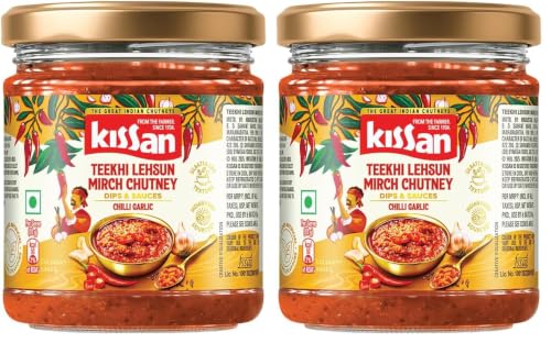 Image of Kissan Teekhi Lehsun Mirch Chutney, 200g, For Traditional Spicy Flavors, With Mathania Red Chillies & Fresh Whole Garlic, Silbatta Like Texture, Sourced From Indian Farms, Ready to Eat (Pack of 2)