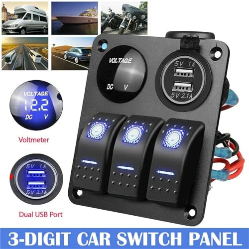 Panneau de commutation 12V/24V avec 3 interrupteurs à bascule et double chargeur USB pour bateau - 4