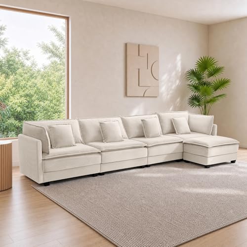 Image of Corduroy Sectional Couch, 4 Seater 149.2 inch L Shaped Cloud Couch with Ottoman, Modular Deep Seat Sofa with Pillows for Living Room, Apartment, Beige