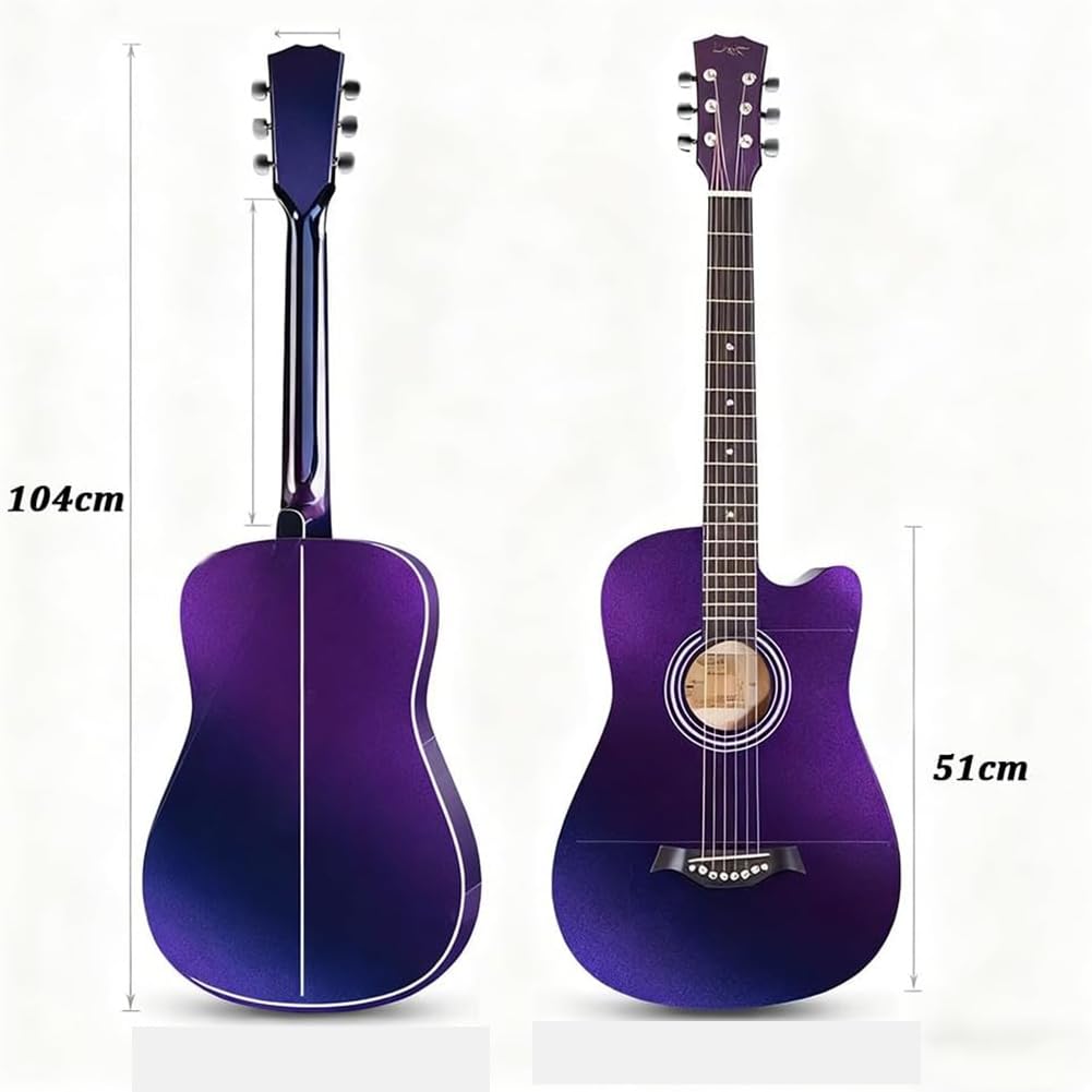Gitara akustyczna dla początkujących 41 cali, 6-strunowa Przenośna gitara podróżna, z pokrowcem, strunami, paskiem, stroikiem i kostką,Purple,41in