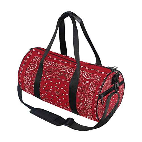 Red Bandana Print Traditional Asian Elements Paisley Floral Flowers Duffel Bag, Foldable Canvas Travel Tote for Gym Sports with Inner Pockets, Durable Lightweight Fitness Bag for Overnight Workout3