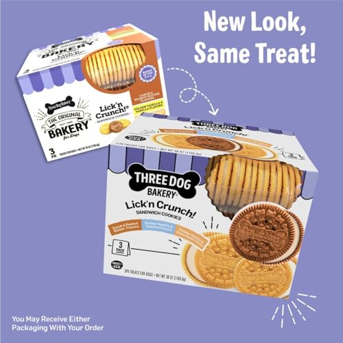 Three Dog Bakery Lick'n Crunch Sandwich Cookies Premium Dog Treats with No Artificial Flavors, Carob/Peanut Butter, Golden/Vanilla, 39 Ounces (Pack of 1)