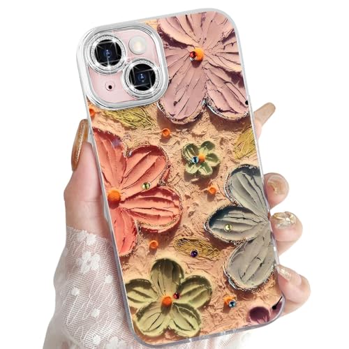 Image of VONZEE Laser Flower Case Compatible with iPhone 15 Plus, Colorful Oil Painting Design, Shockproof PC+TPU Hybrid Cover, Full Camera Protection Glossy Cute Protective Case for Women & Girls, Pink