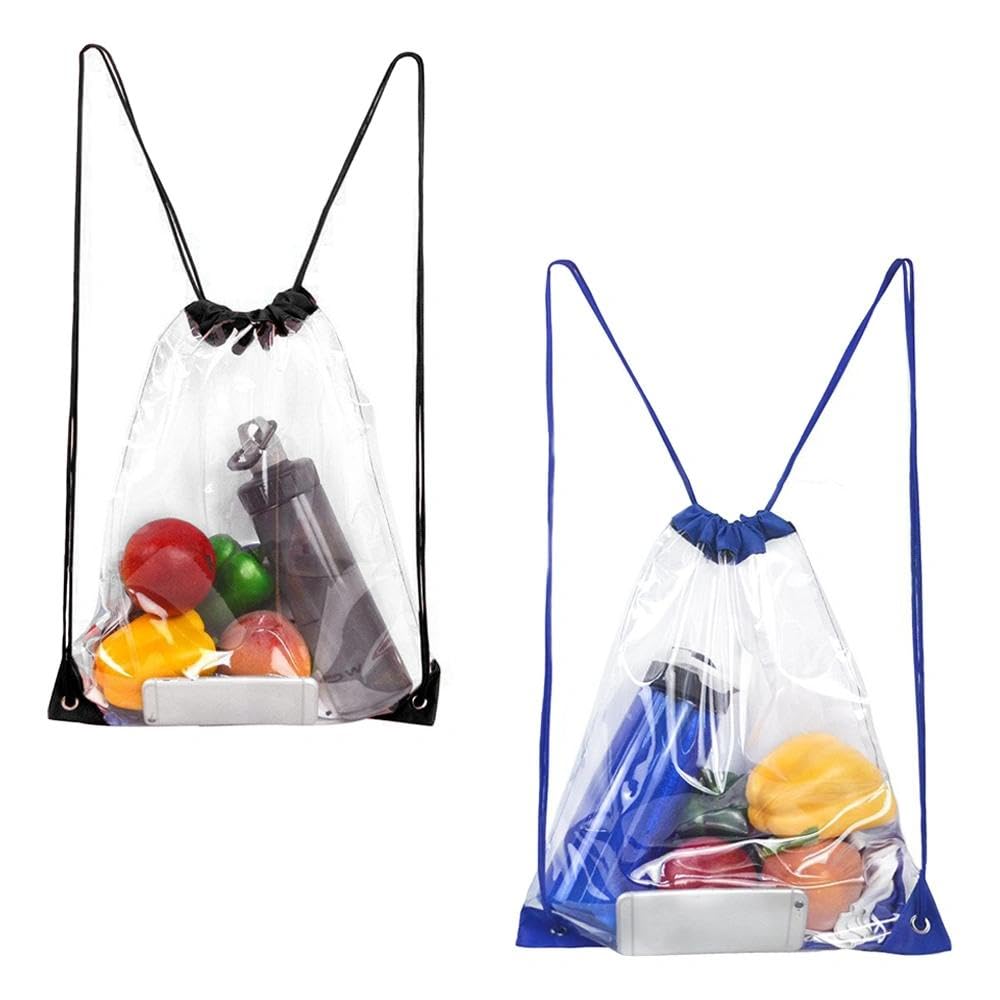 TRKETK 2 Pcs PVC Drawstring Backpack, Foldable Swim Bag Transparent Drawstring Backpack Waterproof Sports Backpack String for Adults Children Students Sports Fitness (Black, Blue)