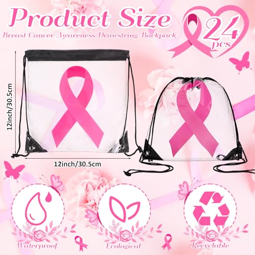 24 Pcs Breast Cancer Awareness Drawstring Backpack Pink Ribbon Clear Drawstring Bags Breast Cancer Awareness Items Bulk Hope Pink Backpack for Women Charity Events Party Gifts(Black)2