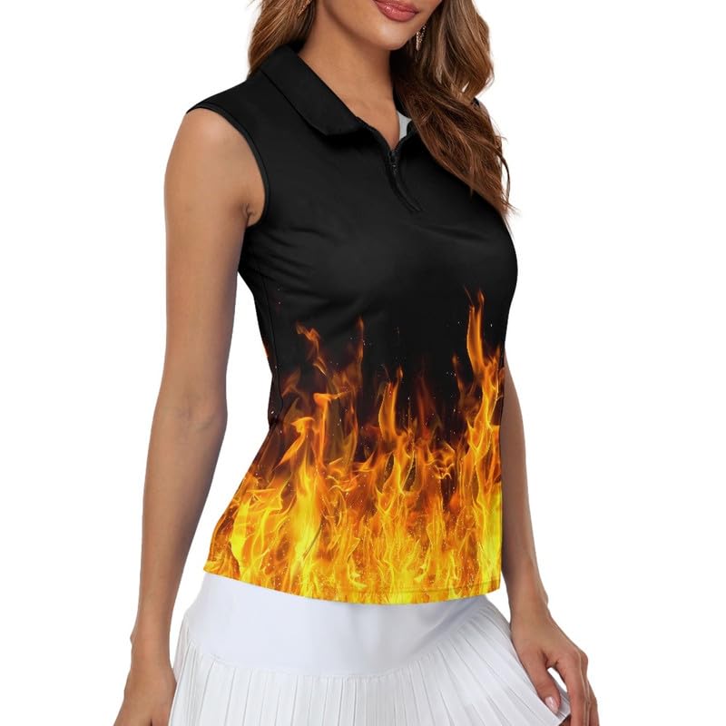 Irisjudy Vivid Fire Flame Golf Polo Shirts for Women Orange Fires Sleeveless Zip Up Workout Tank Tops Black Lightweight Half Zipper Neck Tennis Shirts