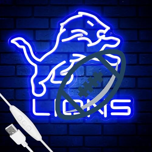 Football Team Neon Sign Cool Dimmable Light Up Lions Football Team Merch Logo Hanging USB Powered for Wall Decor Man Cave Bedroom Game Room Deco Birthday Christmas Gift for Boys Fans