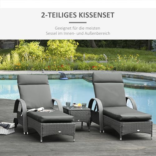 Outsunny 2er Set Auflage für Sonnenliege, Flammhemmend Liegenauflage mit Bänder für Gartenliege 8cm dick Polsterauflage Liegestuhl Kissen für Gartenmöbel, Deckchair 196x55x8 cm Dunkelgrau NUR Kissen