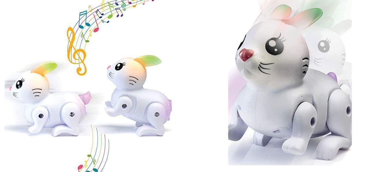 GRS GLOBE RETAIL with Logo Musical Plush Rabbit Toy, White, with Sounds and Lights, 30 cm