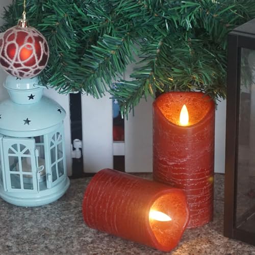 Image of CANDLE CHOICE Battery Operated Flameless Candles with Timer Real Wax Realistic Flickering Electric LED Pillars Automatic Built-in Daily Cycle Timer 6-Hour on 18-Hour Off Set of 3 Rustic Texture Red