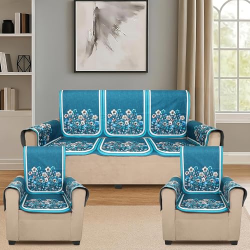 Image of Velvet 3 Seater Sofa Cover with 6 Seat and Back Covers, 2 Hand Rest Covers - Floral Design - Washable Fabric - Stylish Sofa Cover for Modern Living Room (Aqua, 3 Seater With Arm Cover)