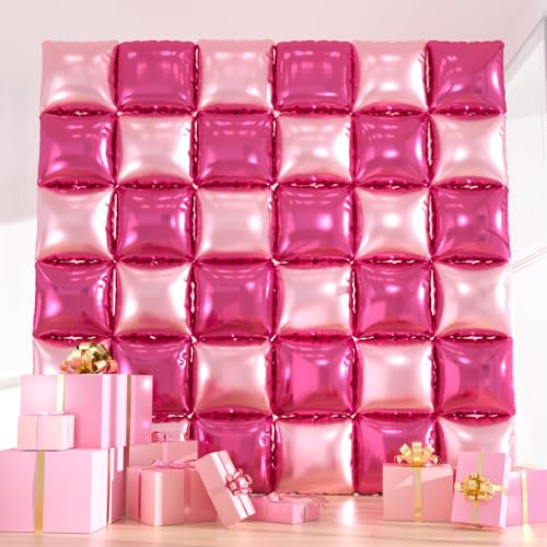 36pcs Hot Pink Square Foil Balloons Wall Backdrop Double Sided Magenta Mylar Balloons Tunnel for Anniversary Bachelorette Wedding Proposal Birthday Valentines Day Pink Party Decorations
