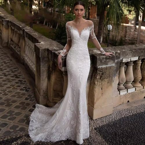 Mermaid Wedding Dresses for Bride Lace Appliques Tulle Boho Beach Bride Dress with Train He89214