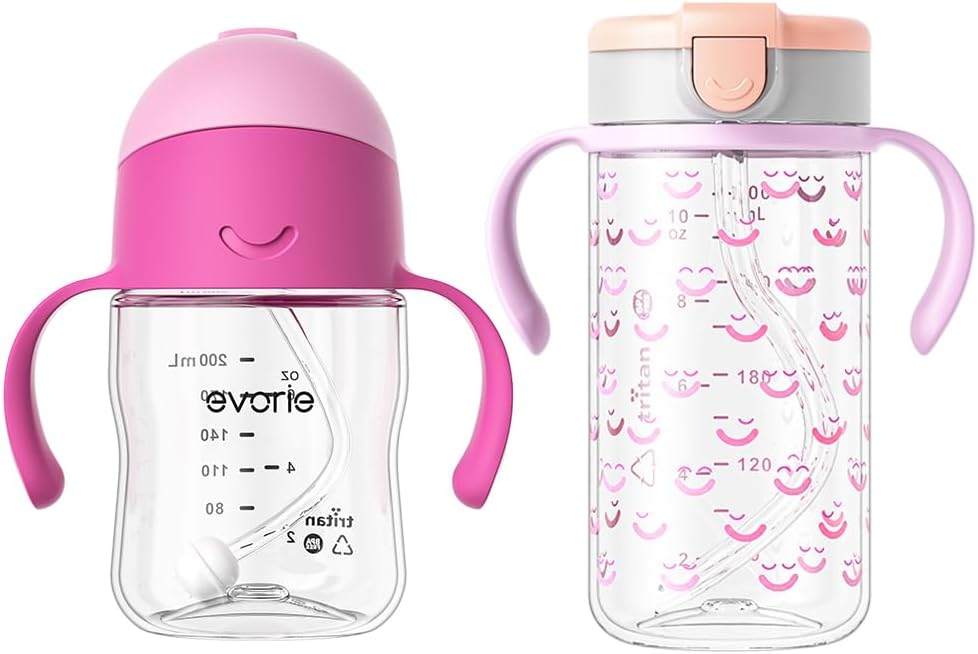 Evorie Tritan 7 Oz Weighted Straw Sippy Cup for Baby and 10 Oz Toddler Bottle with Straw and Removable Handles For School, 6 Months to 2 Years Old (Strawberry and Smiley)