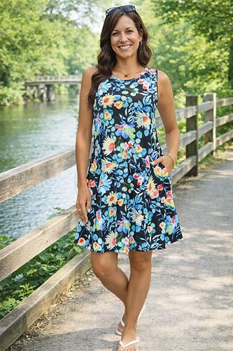 Image of Summer Dresses for Women 2026 Casual Sundresses Beach Cover Ups Sleeveless Tshirt Swing Dress with Pockets