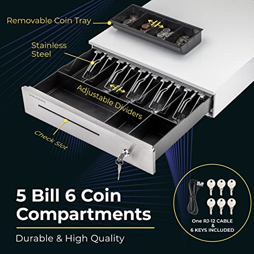 Cash Register Drawer For (Pos) Point Of Sale System 16", Stainless Steel Front And Removable Coin Tray, 5 Bill/6 Coin, 24V, Rj11/Rj12 Key-Lock, Media Slot,Cash Till, Money Drawer For Businesses, White #TOP2