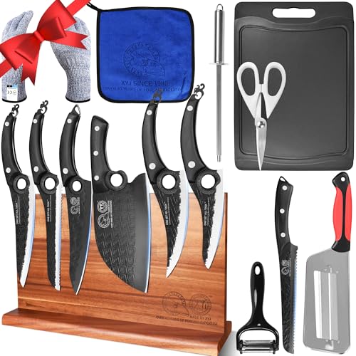 XYJ Knives Set with Magnetic Knife Block, Sharpening Stick, Scissors,