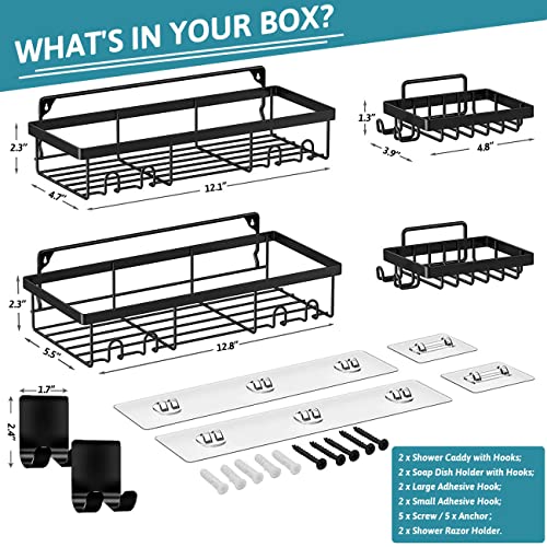 Mayki Black Shower Caddy 6 Packs With Soap Dish Holder, No Drilling Adhesive Shower Organizer With Hooks, Wall Mounted Shower Shelf With 2 Razor Holders, Rust Proof Shower Rack For Bathroom/Kitchen #TOP1