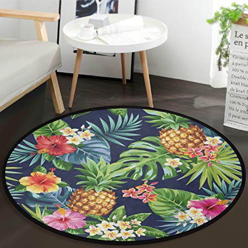 Vdsrup Tropical Sunflower Pineapple Doormat Palm Tree Leaves Floor Mats Round Washable Non-Slip