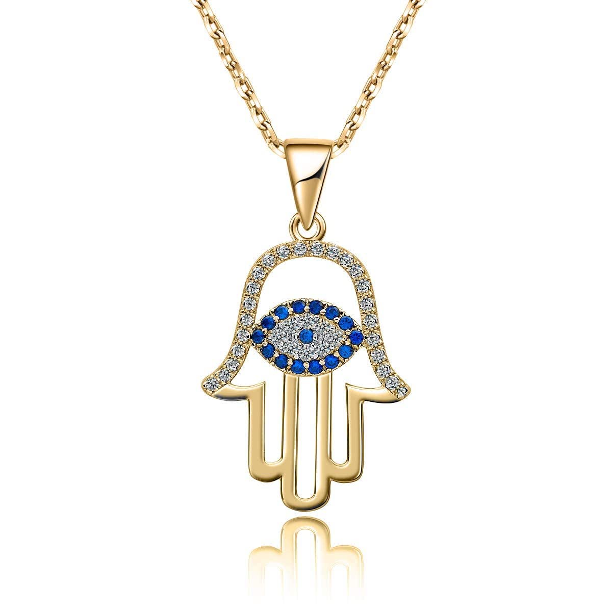 SLOONG 925 Sterling Silver Evil Eye Hamsa Hand Necklace 14k Gold Plated Third Eye White Blue Cz Womens Pendant Dainty Necklace for Women Girlfriend Mom