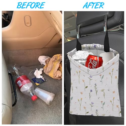 Image of Car Trash Bag Wildflowers Car Garbage Bag Hanging Car Trash Can for Back Seat with Drawstring