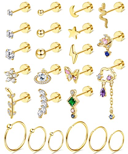Drperfect 24PCS 20G Cartilage Earring Stainless Steel Stud Earrings For Women Gold Silve CZ Stud Earrings Flower Leaf Screw Flat Back Earrings Tragus Helix Couch Piercing Jewelry