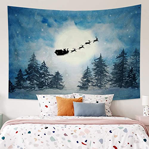 Polymiskls Christmas Wall Tapestry Santa Reindeer Elk Sleigh Full Moon Starry Blue Tapestry 2023 New Year Party Tapestry Wall Hanging For Living Room Bedroom Dorm Decor 78.7X59.1 Inches #TOP15