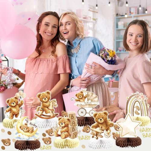 Image of 8Pcs Bear Baby Shower Gender Reveal Decorations Honeycomb Centerpieces, Confetti Baby Shower Table Decorations Birthday Party Table Centerpieces Toppers Party Decor (Brown)