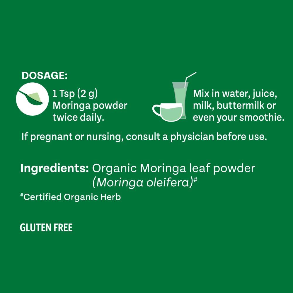 A TATA Product - Organic India Moringa Powder, Dietary Supplement, Superfood, Rich In Vitamins, Minerals & Amino Acids, For Immunity, Digestion & Energy, Gluten Free, Certified Organic, 200g, Pouch product image 2