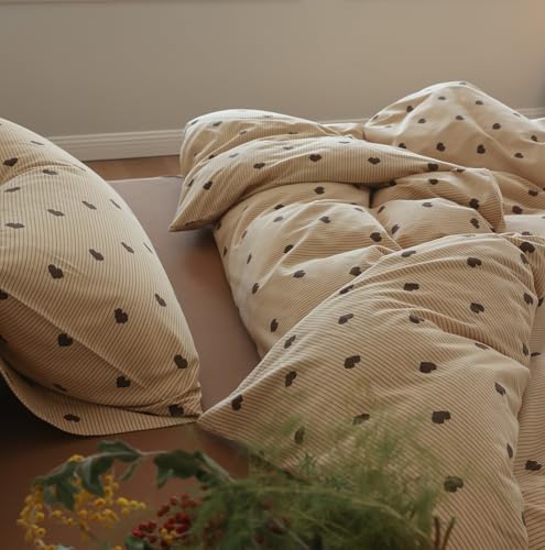 Freyamy Herz Bettwäsche 200x200 Herzen Khaki Braun Gestreift Bettwäsche Set – Ansicht 2
