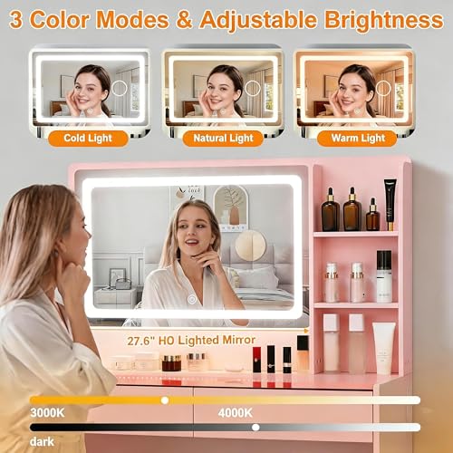 Image of Modern Makeup Vanity with LED Mirror, RGB Lighting, Glass Desktop and 2 Drawers, Small Space Vanity Desk for Women & Teen Girls, Pink Bedroom Dressing Table with Adjustable Lights