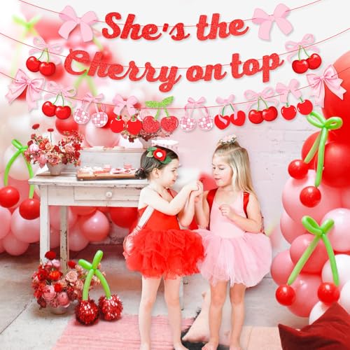 Image of K KUMEED 3PCS Cherry Party Decorations,She's The Cherry On Top Theme Banner, Cherry Garland Decor Summer Fruit for Birthday Baby Shower Wedding Bridal Shower