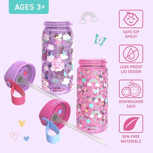 Bentgo Kids Water Bottle 2-Pack - Leak-Proof, Durable Tritan, BPA-Free 15 oz Cup for Kids/Toddlers 3+; Flip-Up Straw; Dishwasher Safe for School/Sports/Daycare/Camp (Rainbows & Butterflies/Fairies)