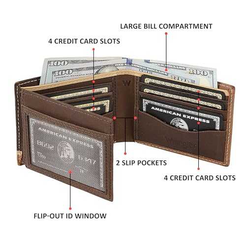 Wrangler Men's Bifold Wallet with Flip-Out ID Window, Genuine Leather, RFID Blocking, Gift for Him - Image 4