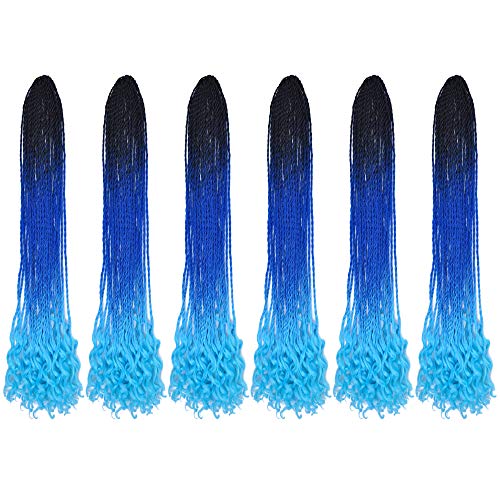 Mychanson Senegalese Twist Crochet Braiding Hair 6Pack 30Roots/Pcak Box Braids with Curly Ends Hair Extensions Synthetic High Temperature Fiber Box Braids 20Inch 100g (Black-Sapphire-Sky Blue)